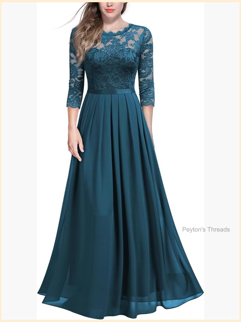 Vintage Floral Lace 3/4 Sleeve A-Line Maxi Formal Dress